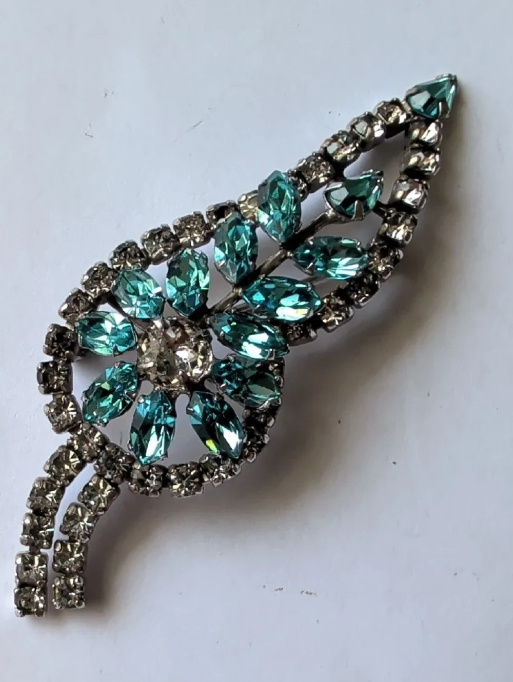 Vintage Blue and Clear Rhinestone Leaf Brooch - Vintage